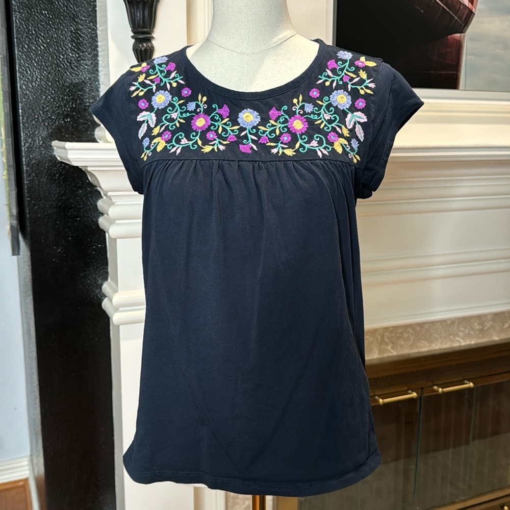 J. Crew Navy Short Sleeve Tee with Floral Embroidery